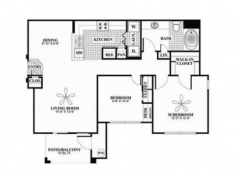 A floor plan of a house with a living room, dining room, kitchen, and two bedrooms.